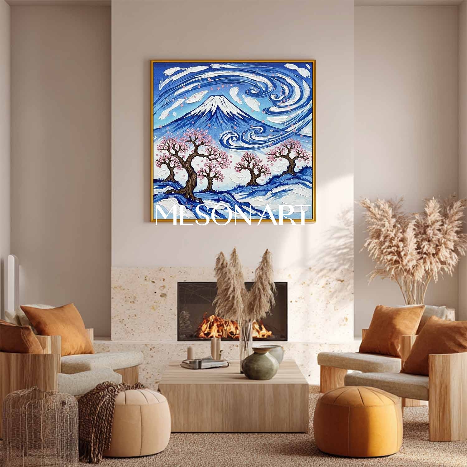 Mount Fuji Cherry Blossom Impasto Oil Painting | 3D Textured