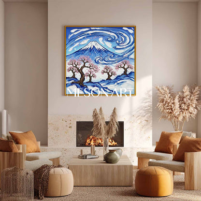 Mount Fuji Cherry Blossom Impasto Oil Painting | 3D Textured Canvas Wall Art | MesonArt