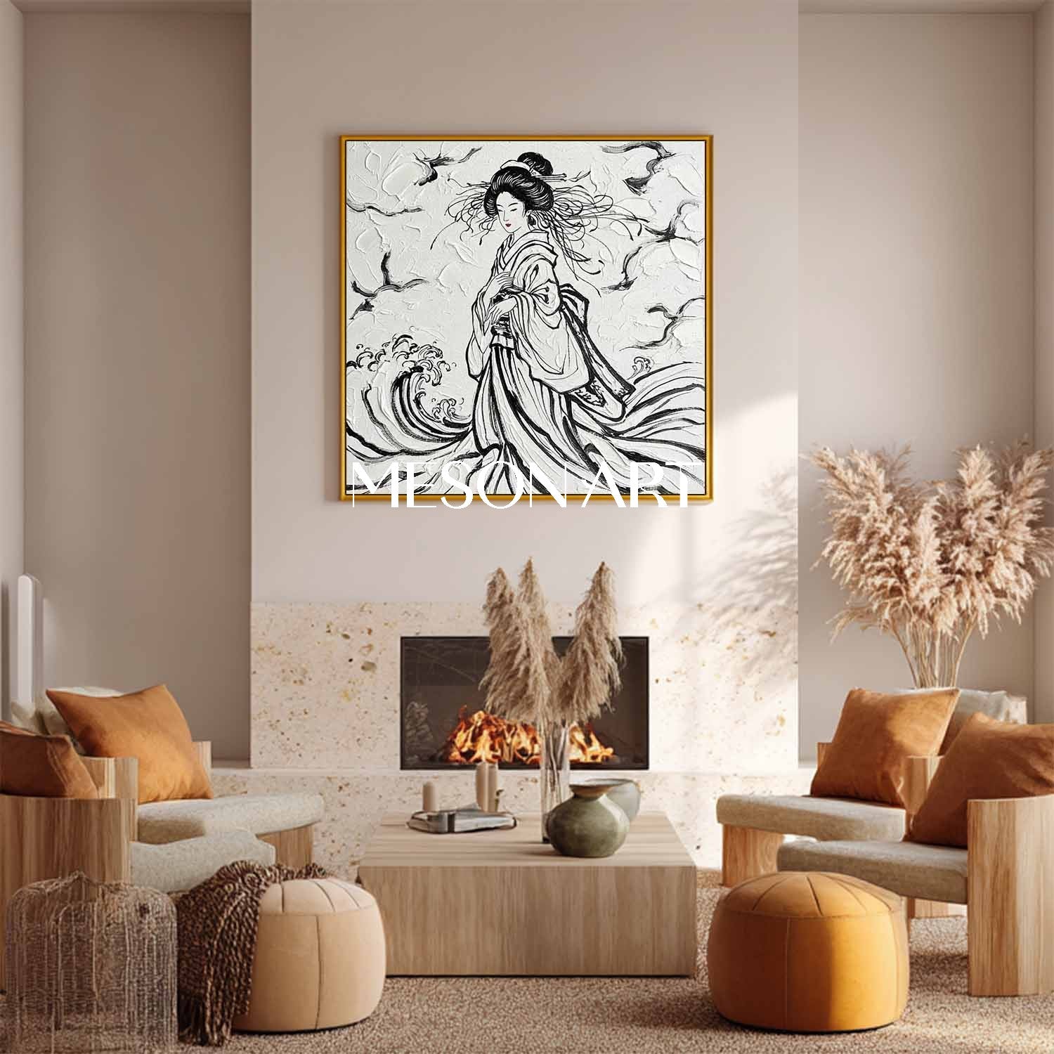 Hand Painted 3D Textured Geisha Canvas Art | Black And White Abstract Asian Wall Decor For Living Room