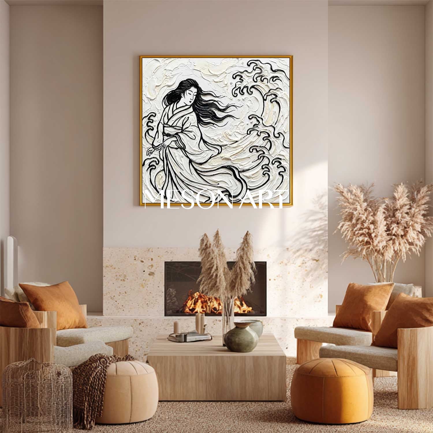 MESON ART | 3D Textured Wave & Lady Square Canvas - Gold Framed