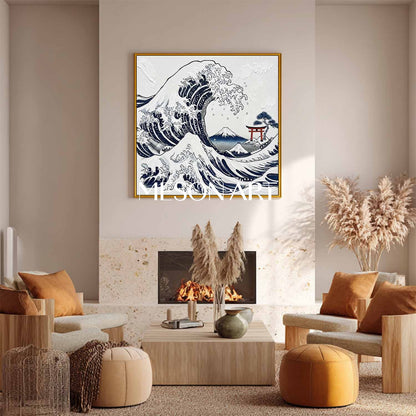 MesonArt 3D Textured Great Wave Canvas Painting - Framed Japandi Wall Art