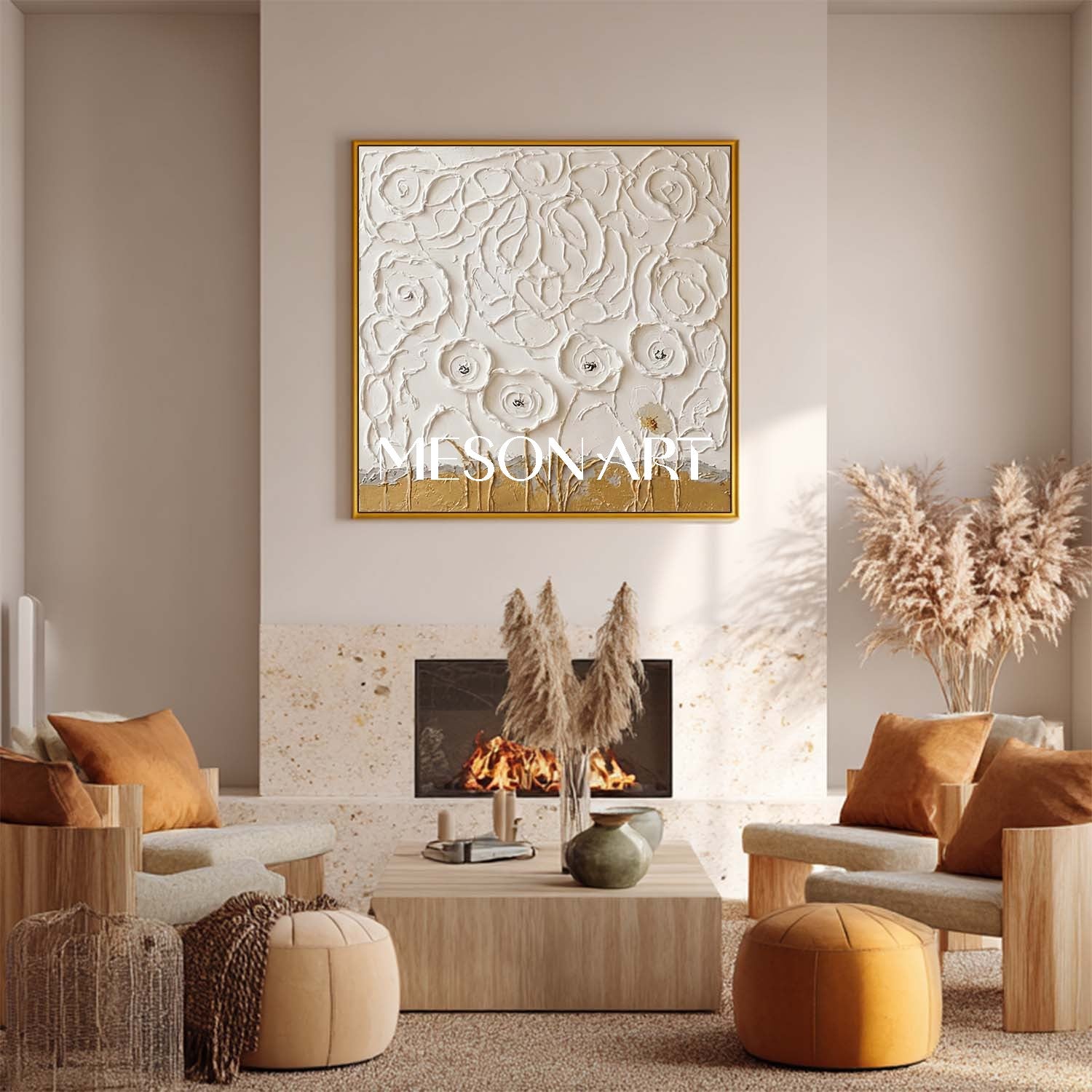 3D Textured White Flower Canvas Art | Gold Plaster Wall Decor