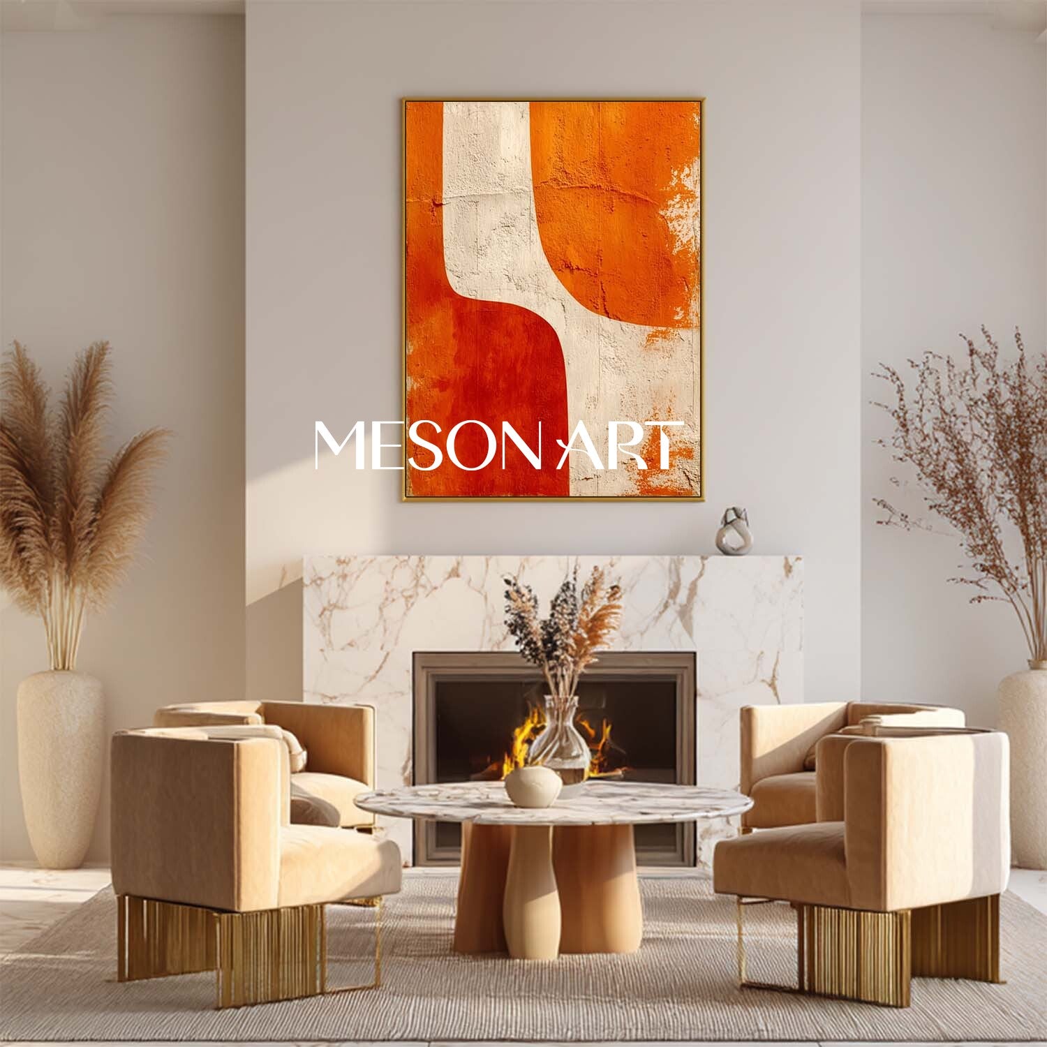 Large Abstract Canvas Wall Art Modern Minimalist Geometric Orange and Beige