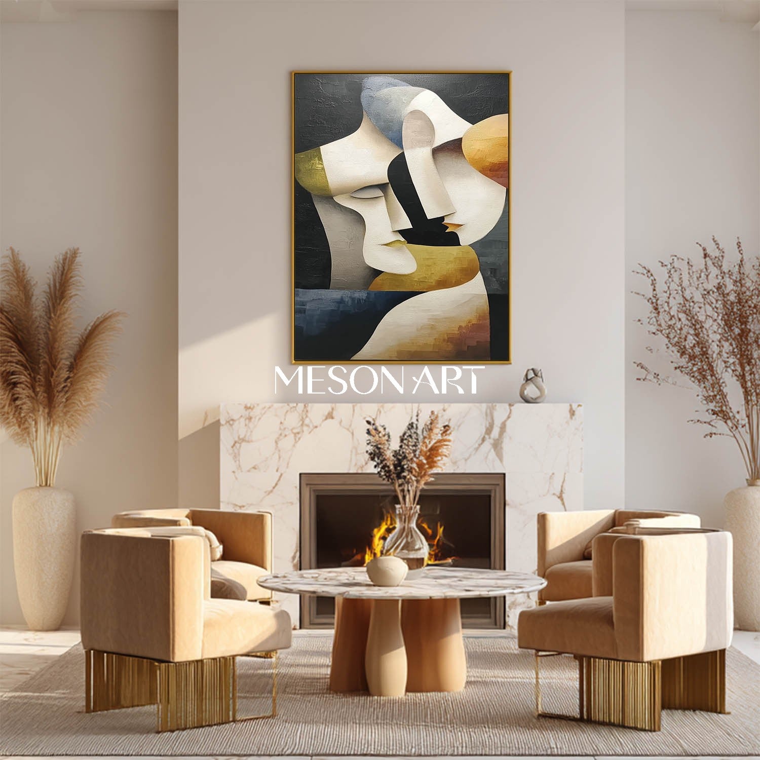 Original Vertical Luxury Cubist Couple Black Gold Hand-Painted Canvas