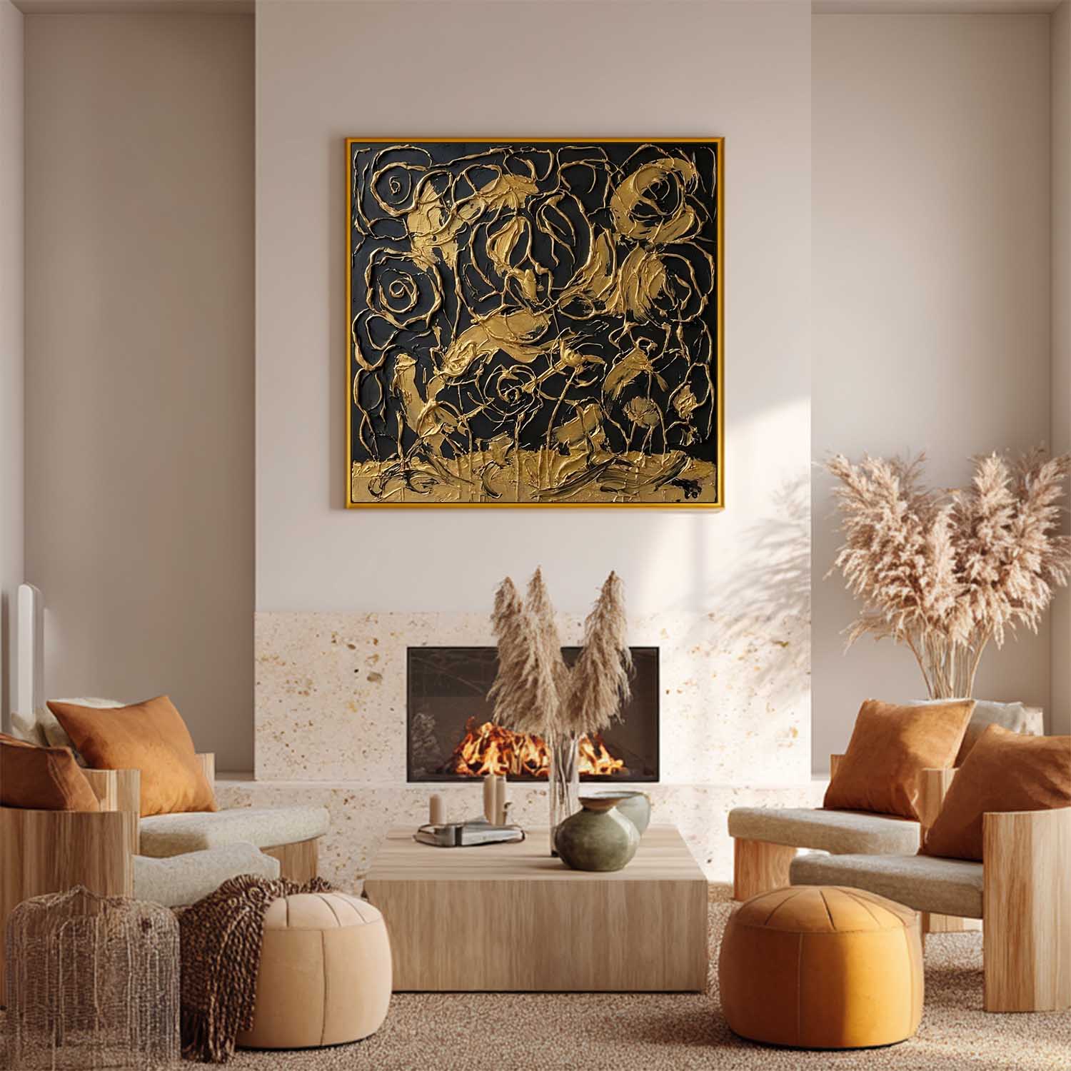 Black And Gold Abstract Line Art Rose | 3D Wire Texture Decor