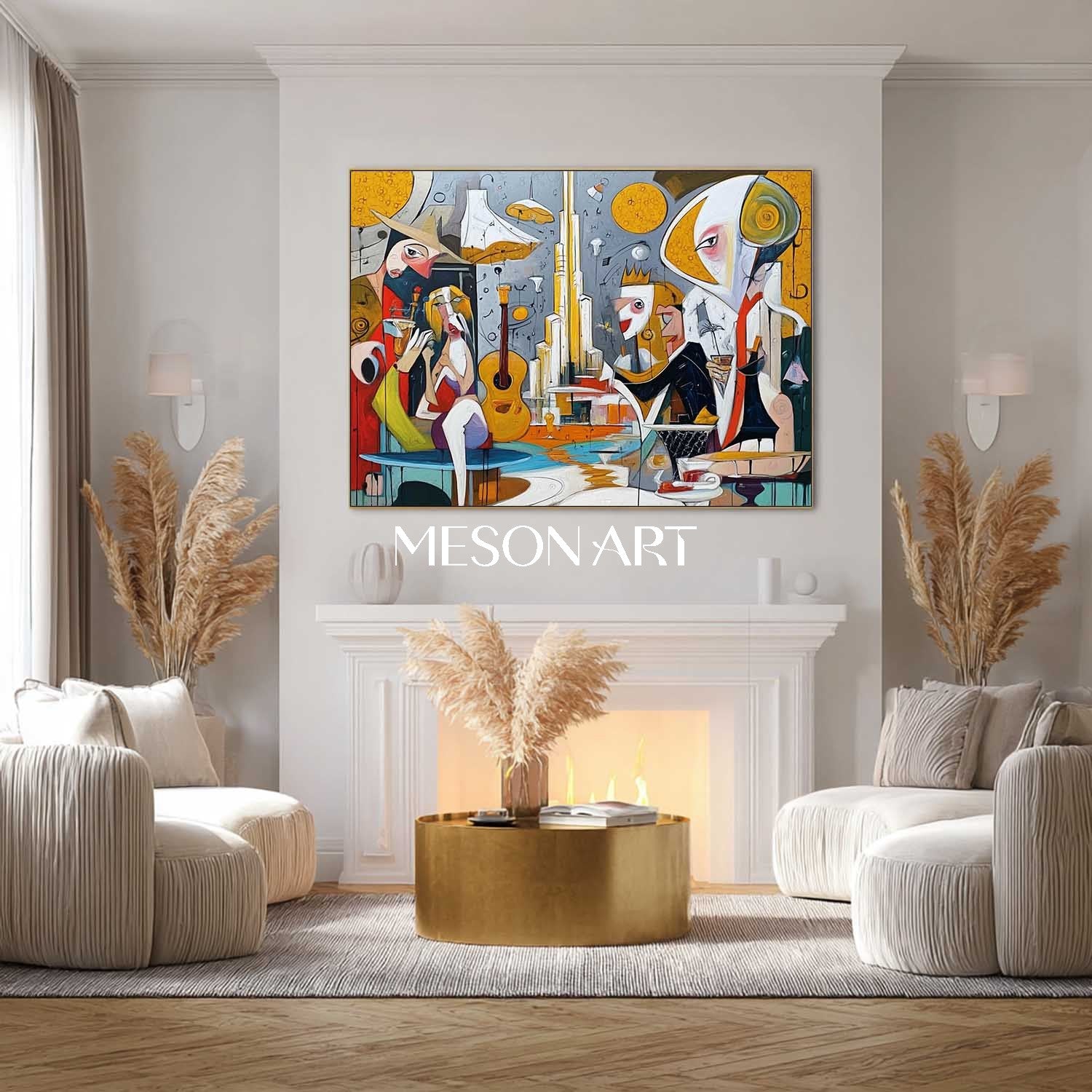 Modern Picasso Inspired Cubist Scene Large Wall Art for Dining Room