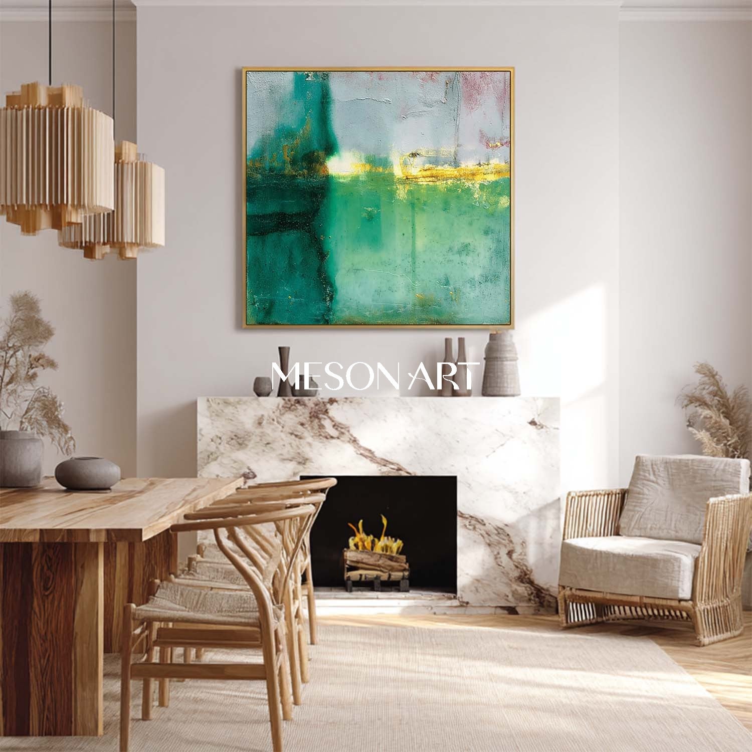 Green and Gold Abstract Art 55*55 Light Green Fireplace Wall Painting