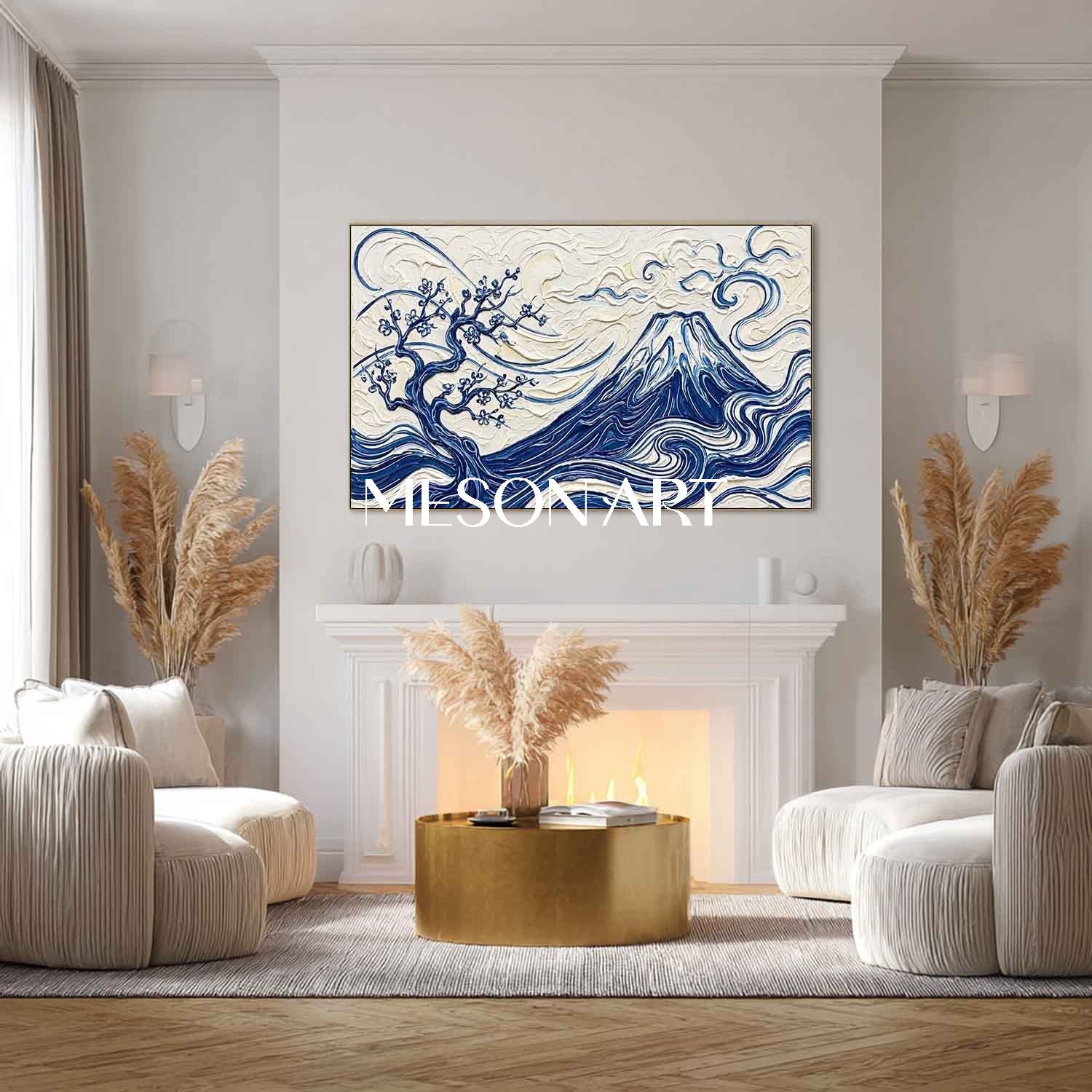 MesonArt 3D Textured Mount Fuji Oil Painting - Blue White Impasto Canvas Wall Art for Living Room