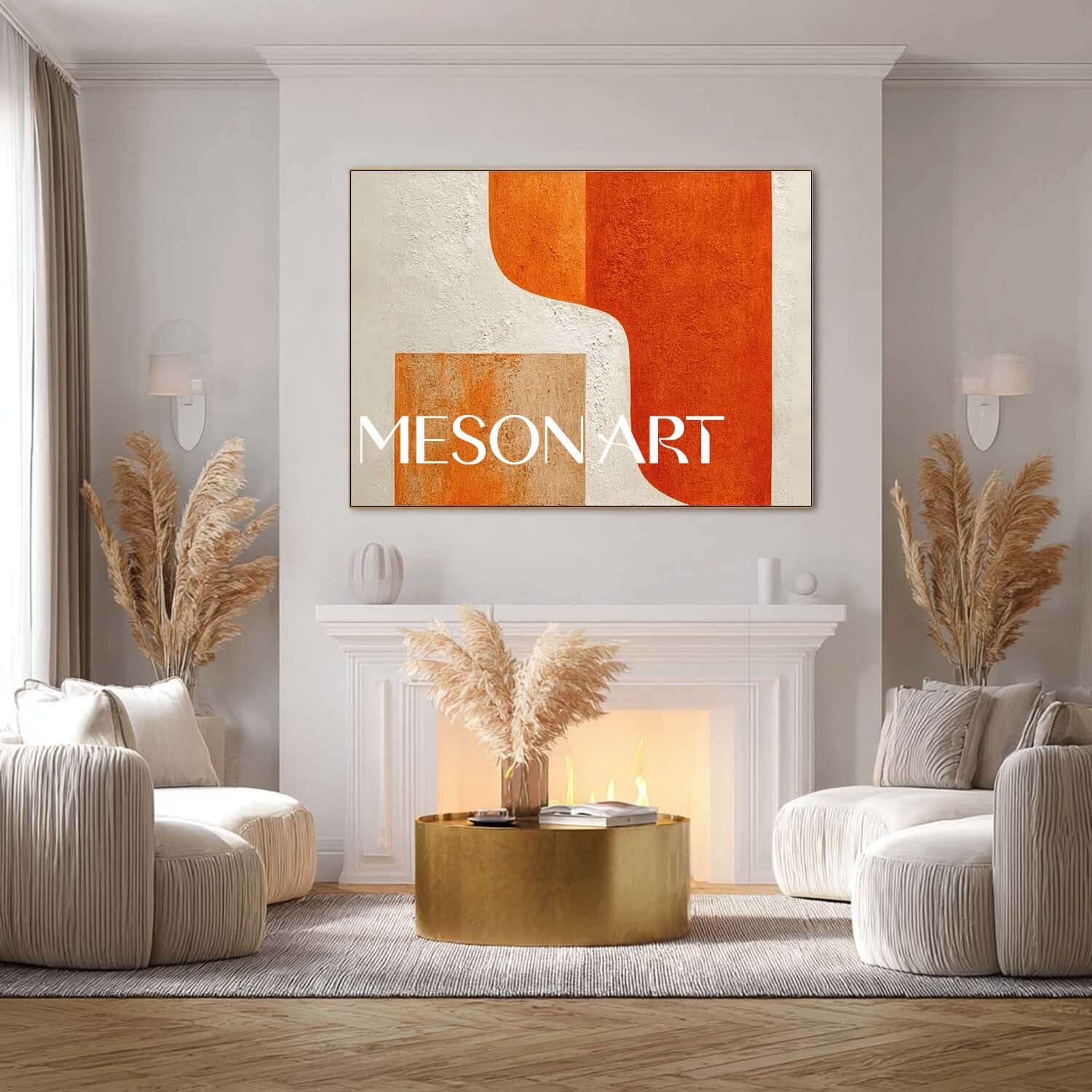 Contemporary Abstract Wall Art Minimalist Geometric Orange and Beige
