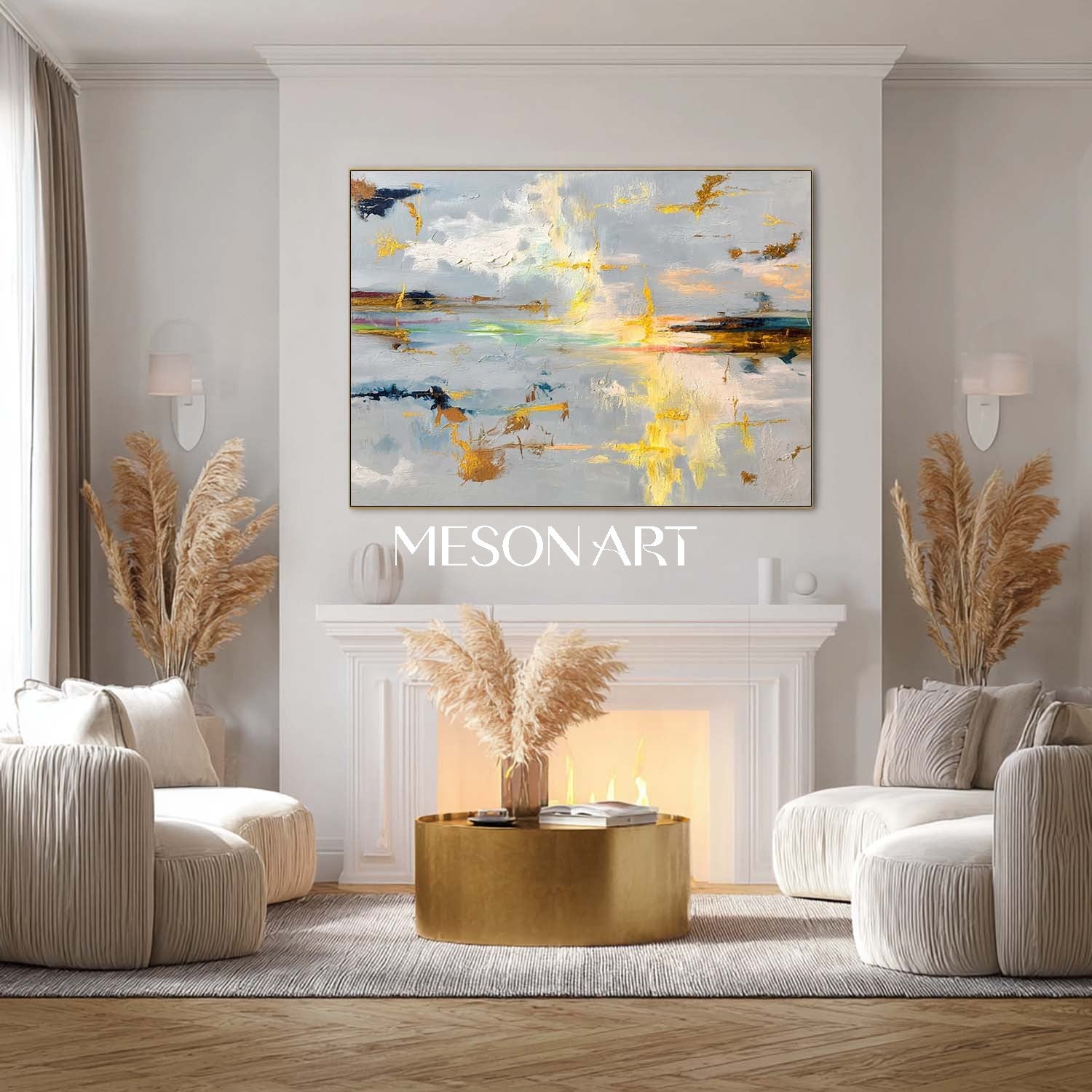 Gray Gold Abstract Oversized Painting Horizontal Living Room Art Decor