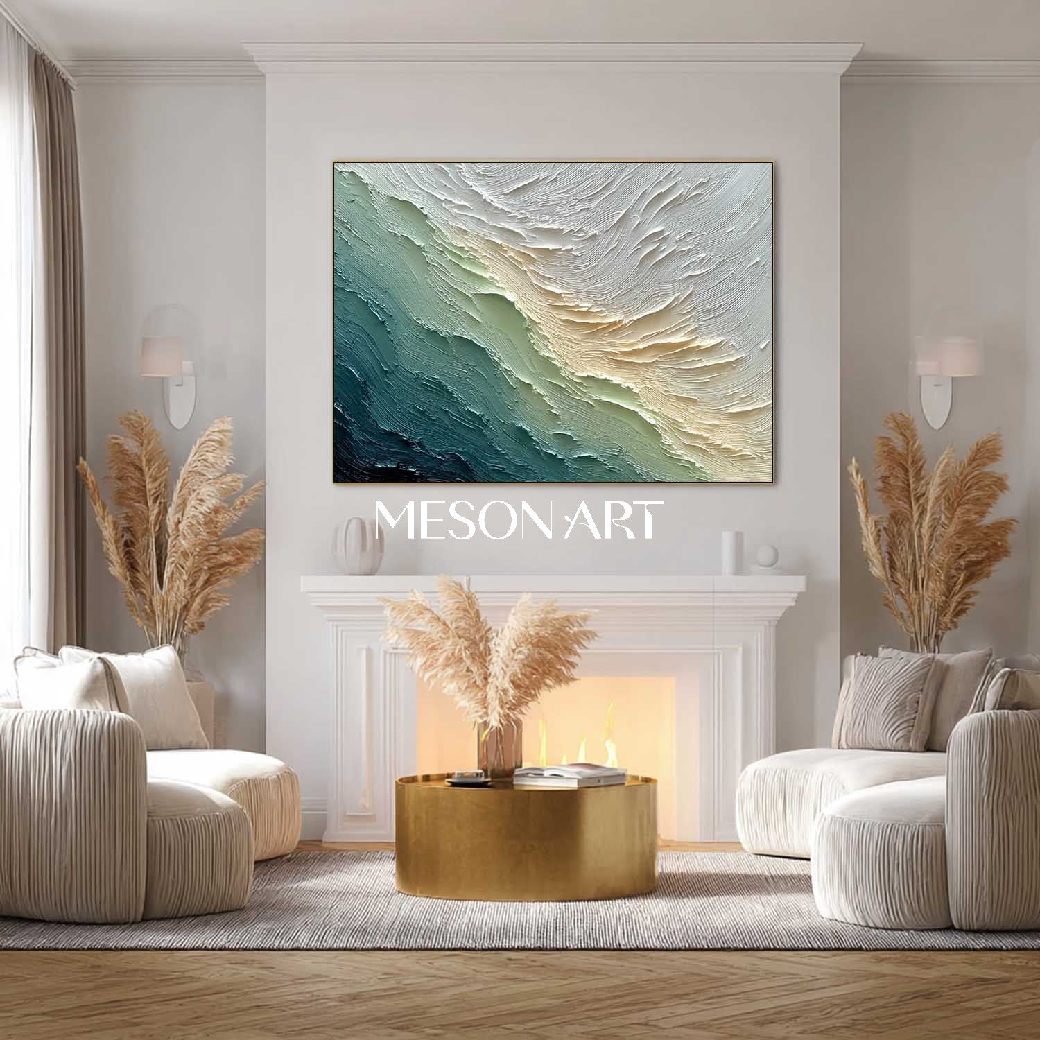 3D Green and White Abstract Textured Canvas Art Modern Wall Decor Painting