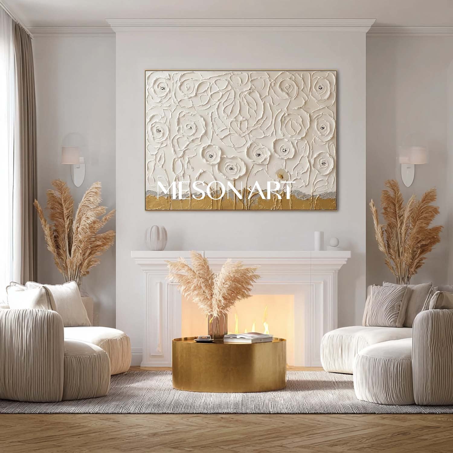 Horizontal Abstract Floral Painting Plaster Canvas Art For Living Room