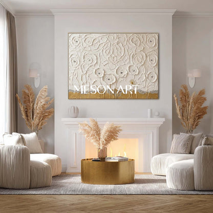 Horizontal Abstract Floral Painting Plaster Canvas Art For Living Room