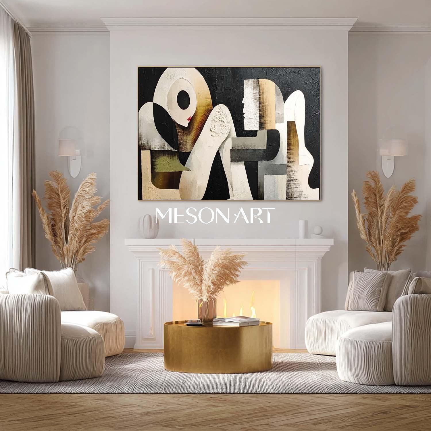 Contemporary Black and White Abstract Art Geometric Figures Painting