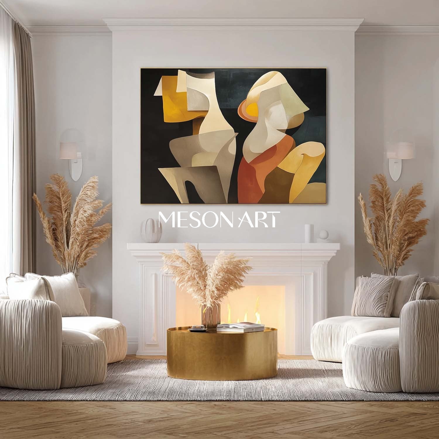Large Black Canvas Minimalist Painting Horizontal Cubist Figure Art