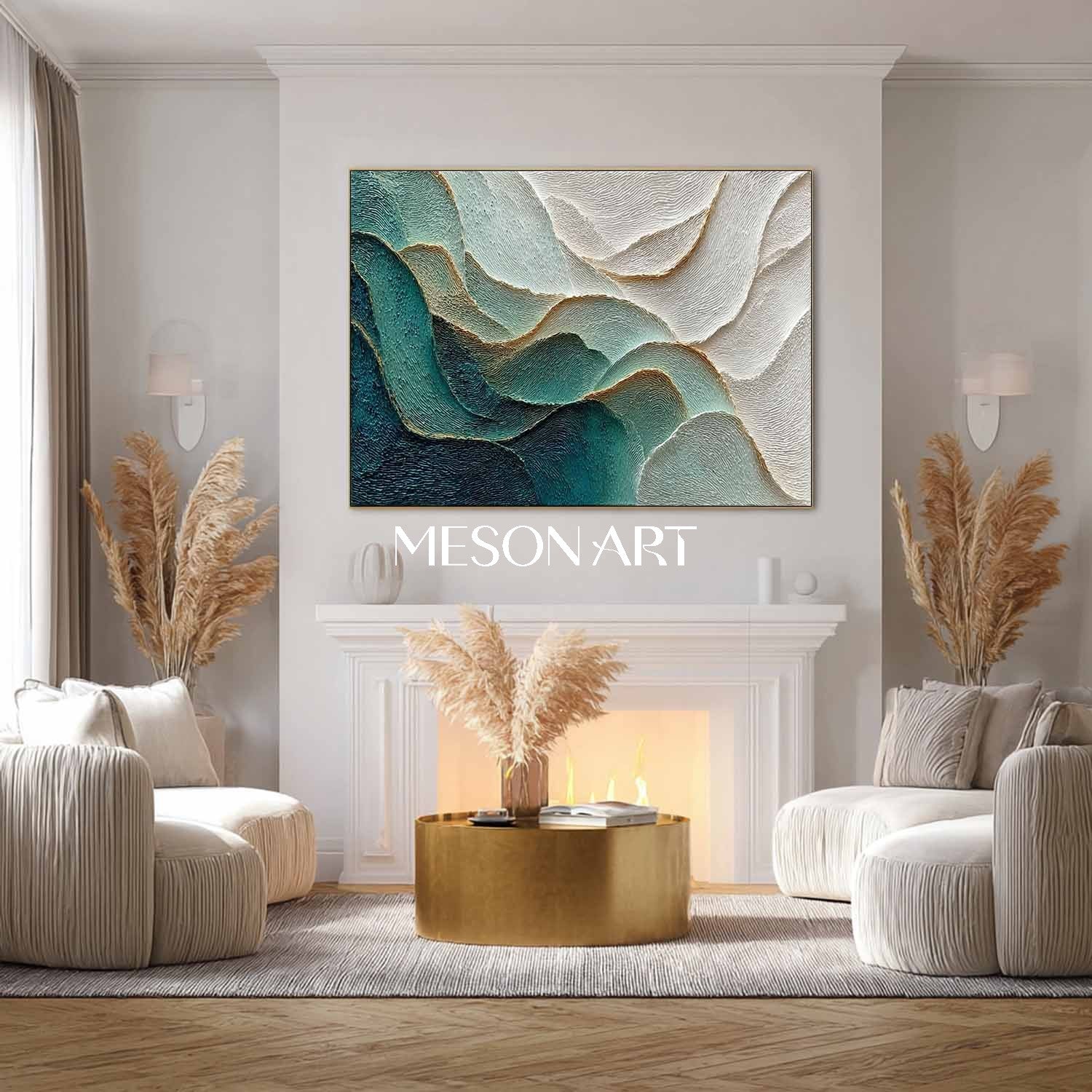 Extra Large 3D White and Green Living Room Plaster Abstract Texture Canvas Wall Art