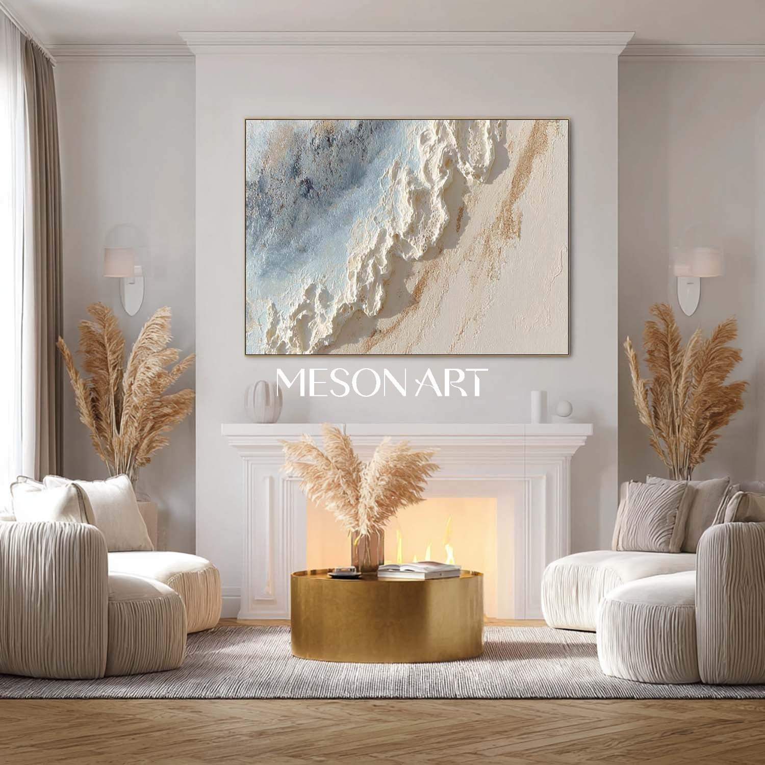 Large 3D Wave Texture Painting on Canvas White Plaster Wall Art