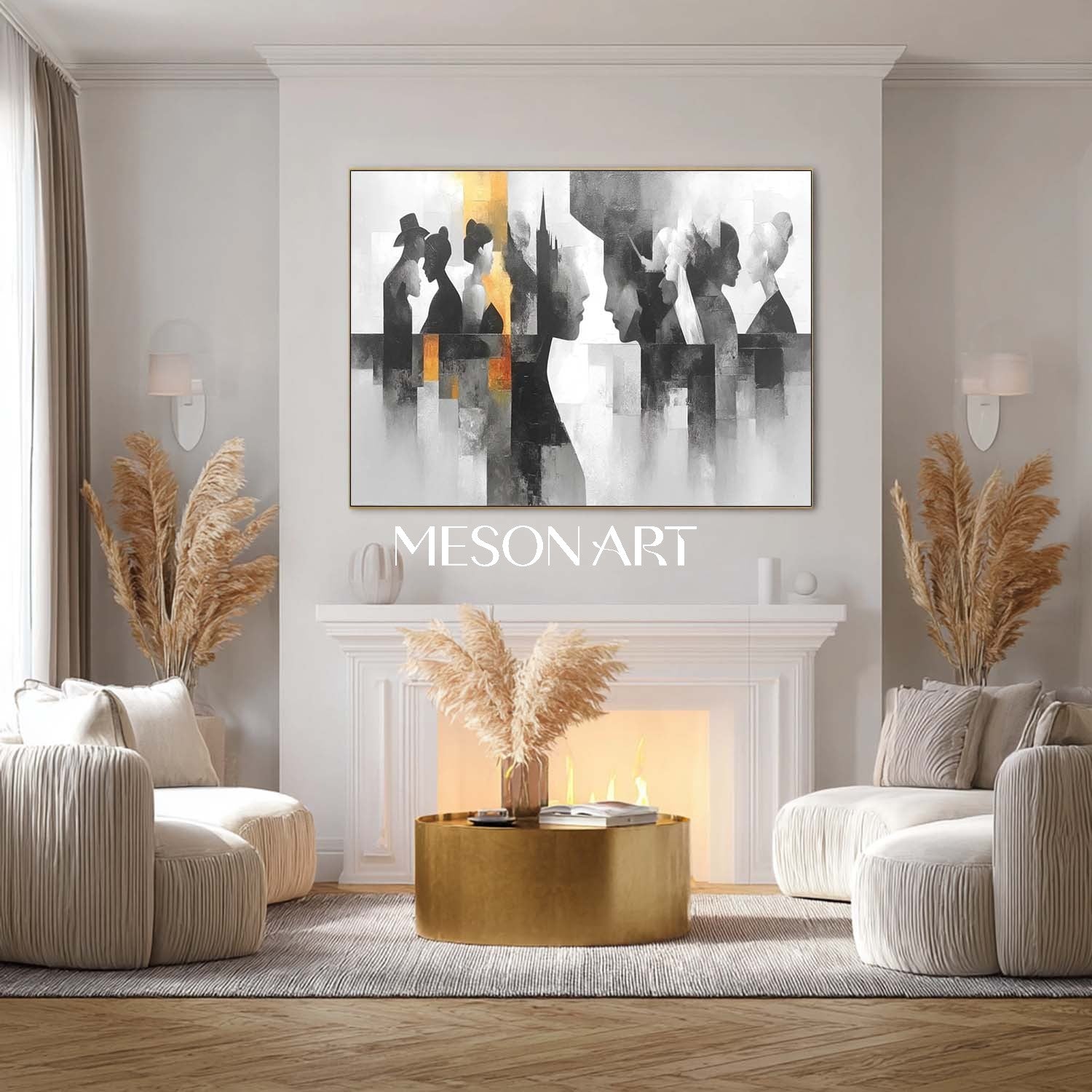 Buy Abstract Silhouette Figures Oil Painting Black White Geometric Art