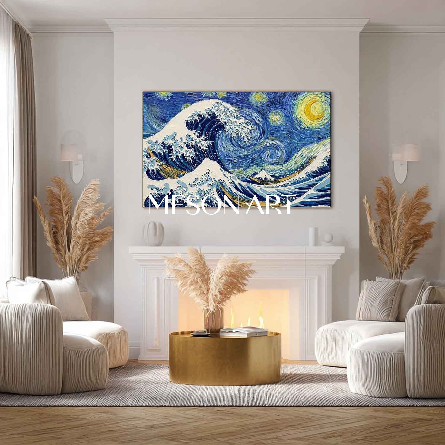 Ukiyo-e 3D Plaster Art, Hand Painted Heavy Texture Canvas, Japanese Wall Decor For Living Room