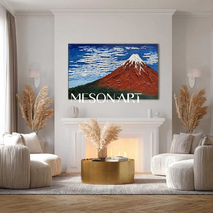 MesonArt 3D Textured Red Mountain Oil Painting - Impasto Landscape Wall Art
