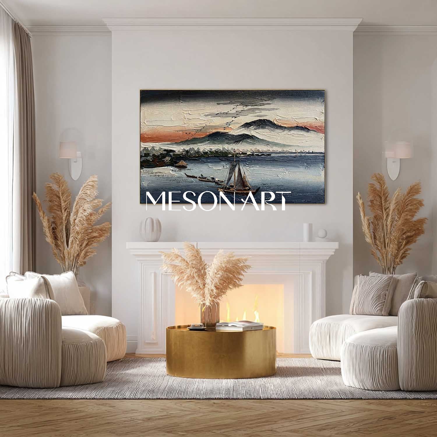 Textured Asian Seascape - 3D Impasto Sunset Boat Oil Painting