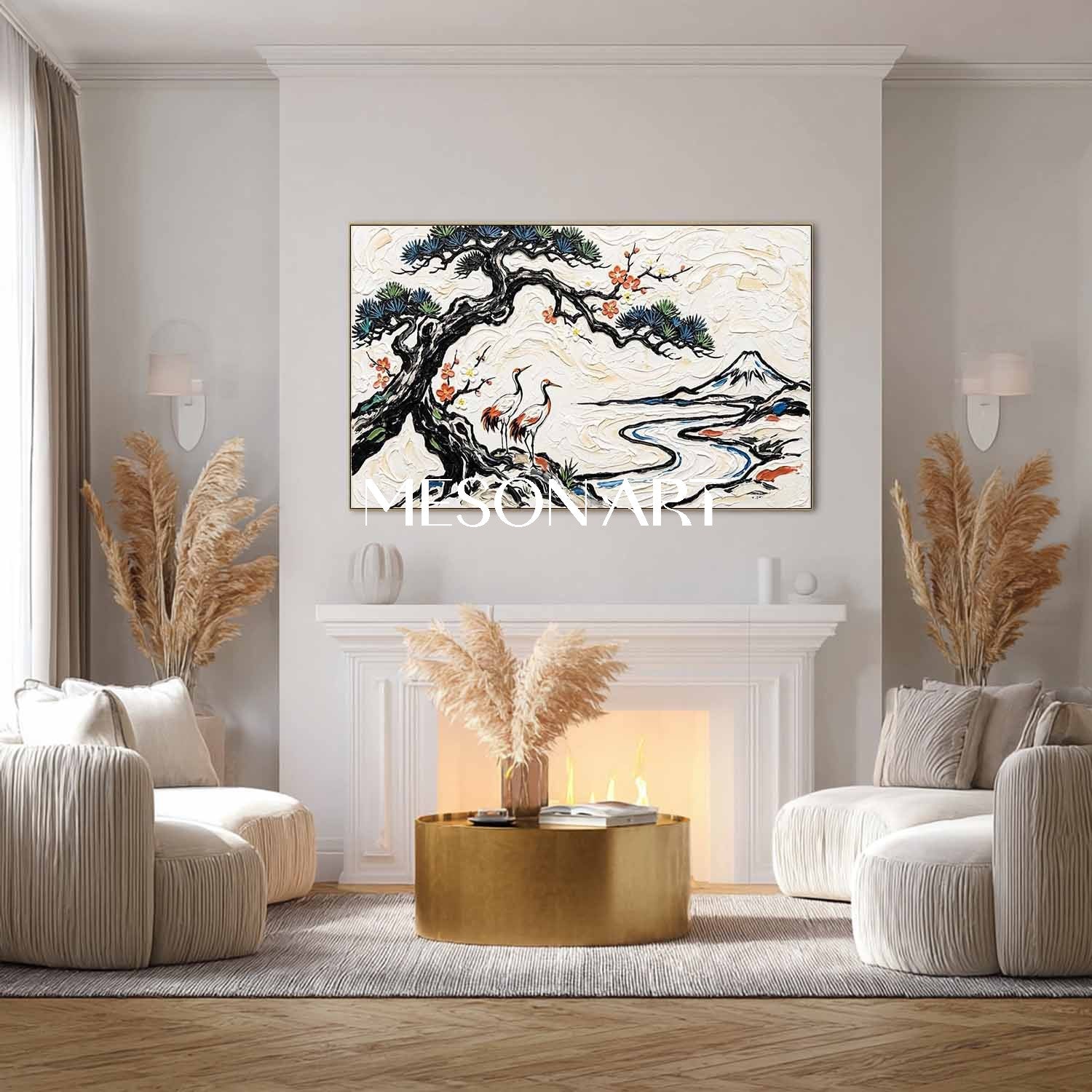 MesonArt 3D Textured Oil Painting | Pine Tree & Cranes Japanese Wall Art
