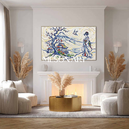 MesonArt 3D Textured Japanese Wall Art: Mount Fuji & Geisha Impasto Canvas Painting, Heavy Plaster Effect Knife Oil Art for Living Room Decor