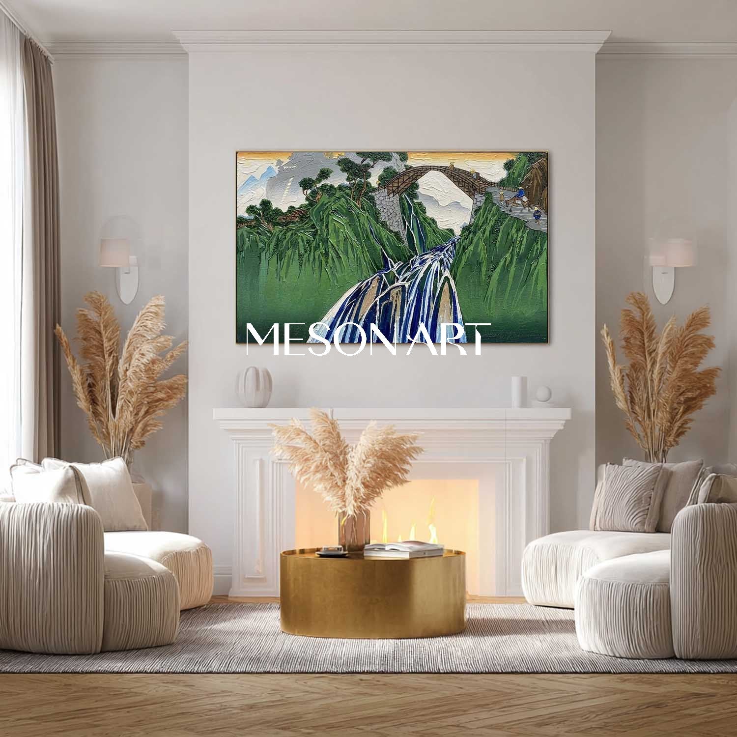 MesonArt 3D Textured Green Mountain & Bridge Oil Painting - Impasto Waterfall Landscape Wall Art