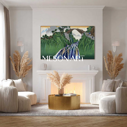 MesonArt 3D Textured Green Mountain & Bridge Oil Painting - Impasto Waterfall Landscape Wall Art