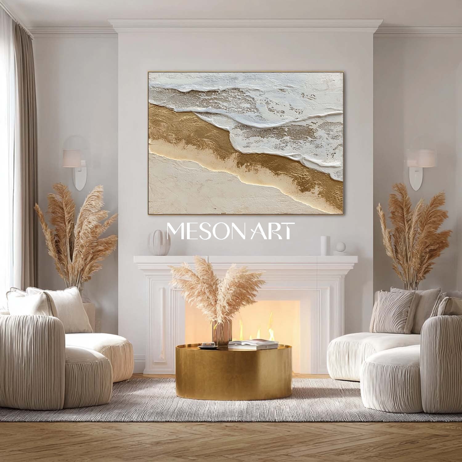 3D White and Gold Ocean Waves Texture Painting Beach Abstract Wall Art