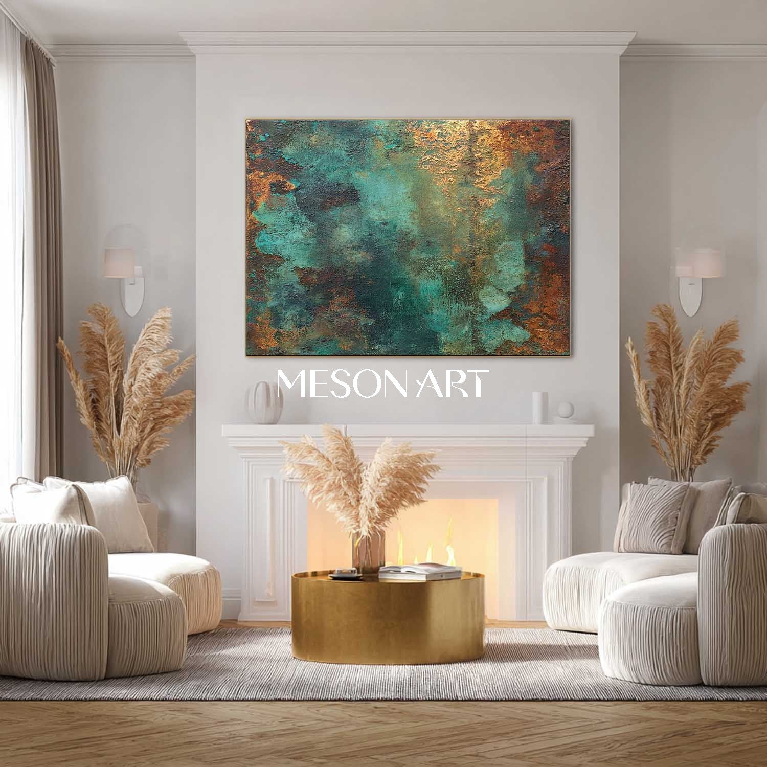 Large Abstract Green and Bronze Art for Bathroom Texture Wall Decor