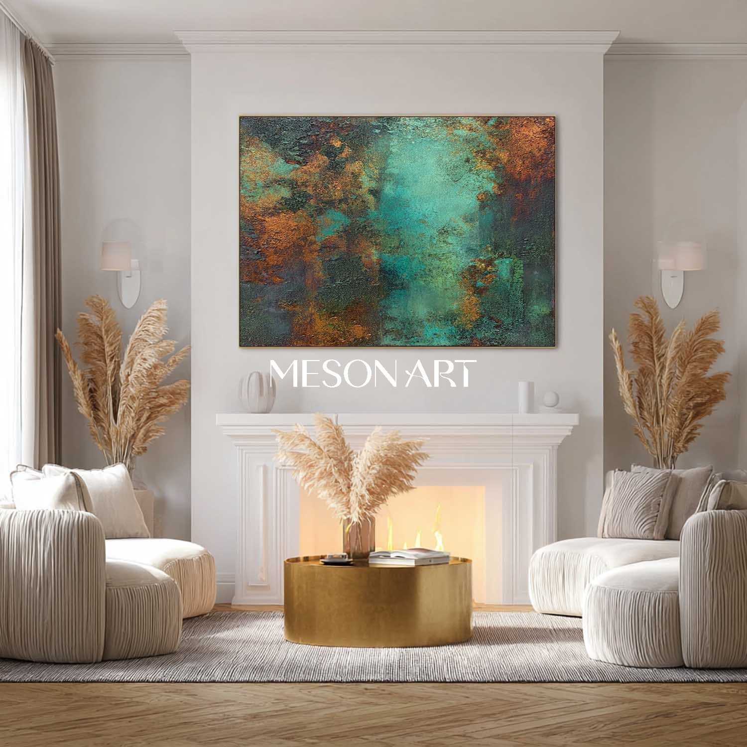 Big Green and Bronze Abstract Texture Art Fireplace Canvas Wall Decor