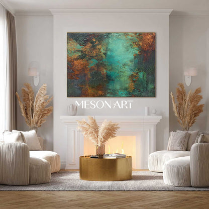 Big Green and Bronze Abstract Texture Art Fireplace Canvas Wall Decor
