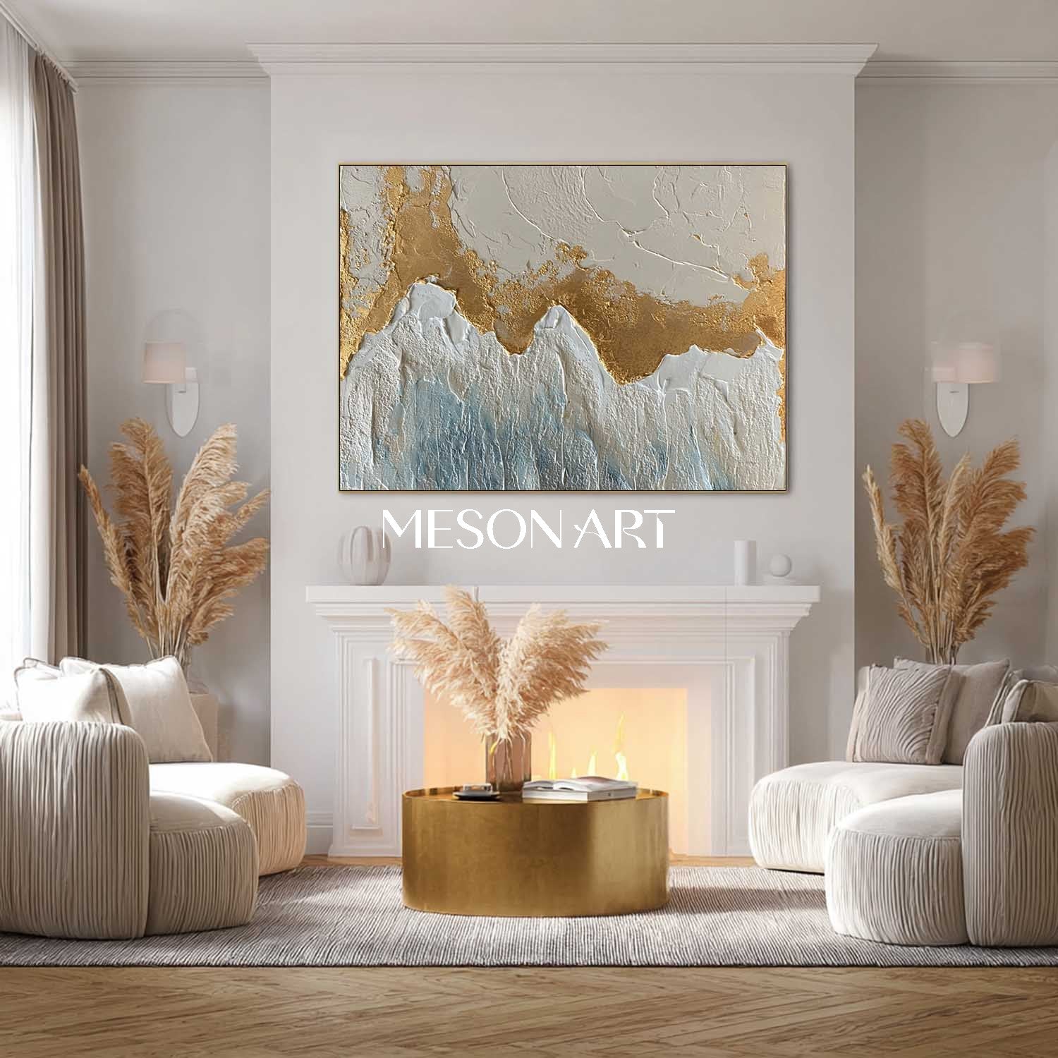 3D White and Gold Wave Texture Painting Plaster Abstract Wall Art