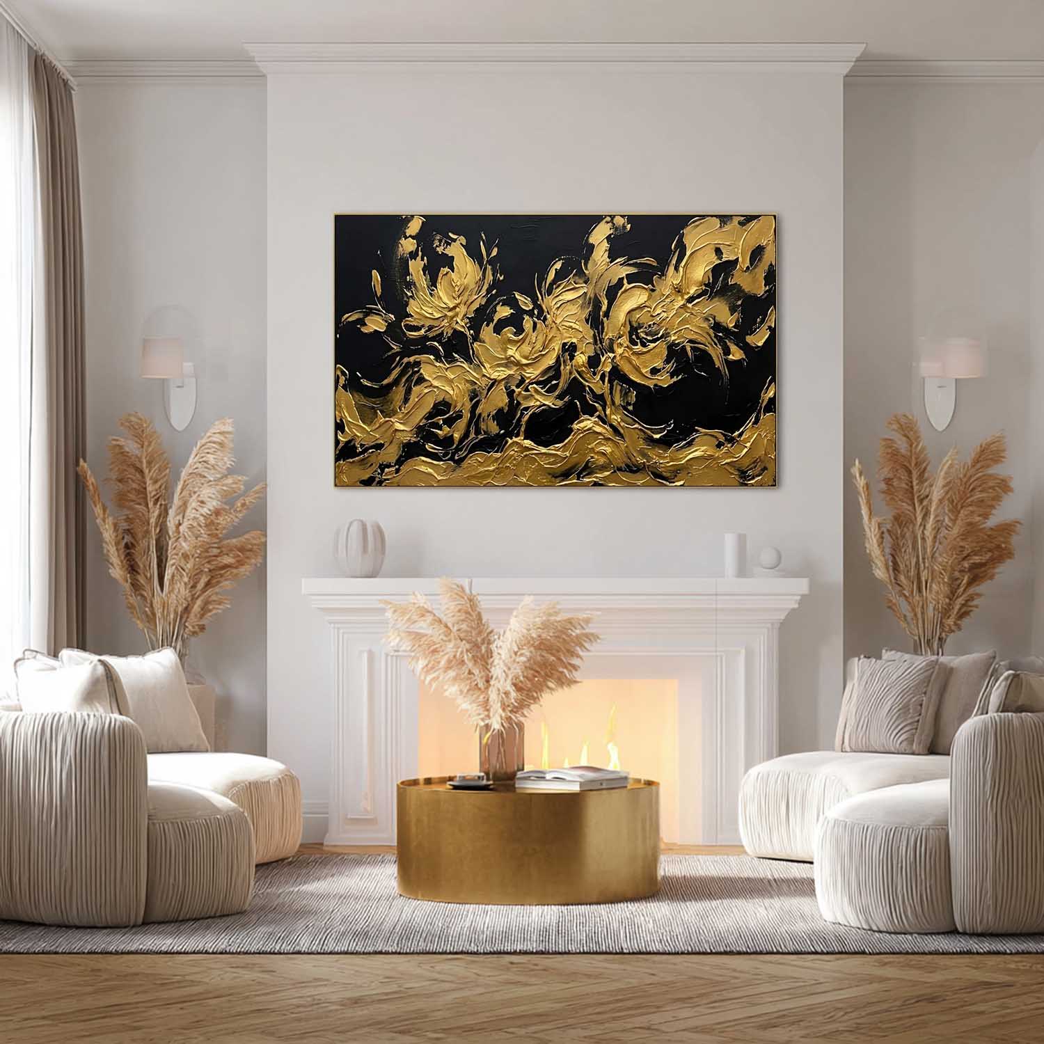 Panoramic Black And Gold Abstract Flower Art 3D Abstract Texture Decor