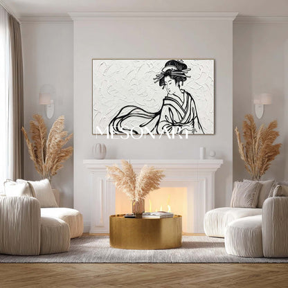 Panoramic 3D Textured Geisha Canvas | Black And White Japandi Wall Decor