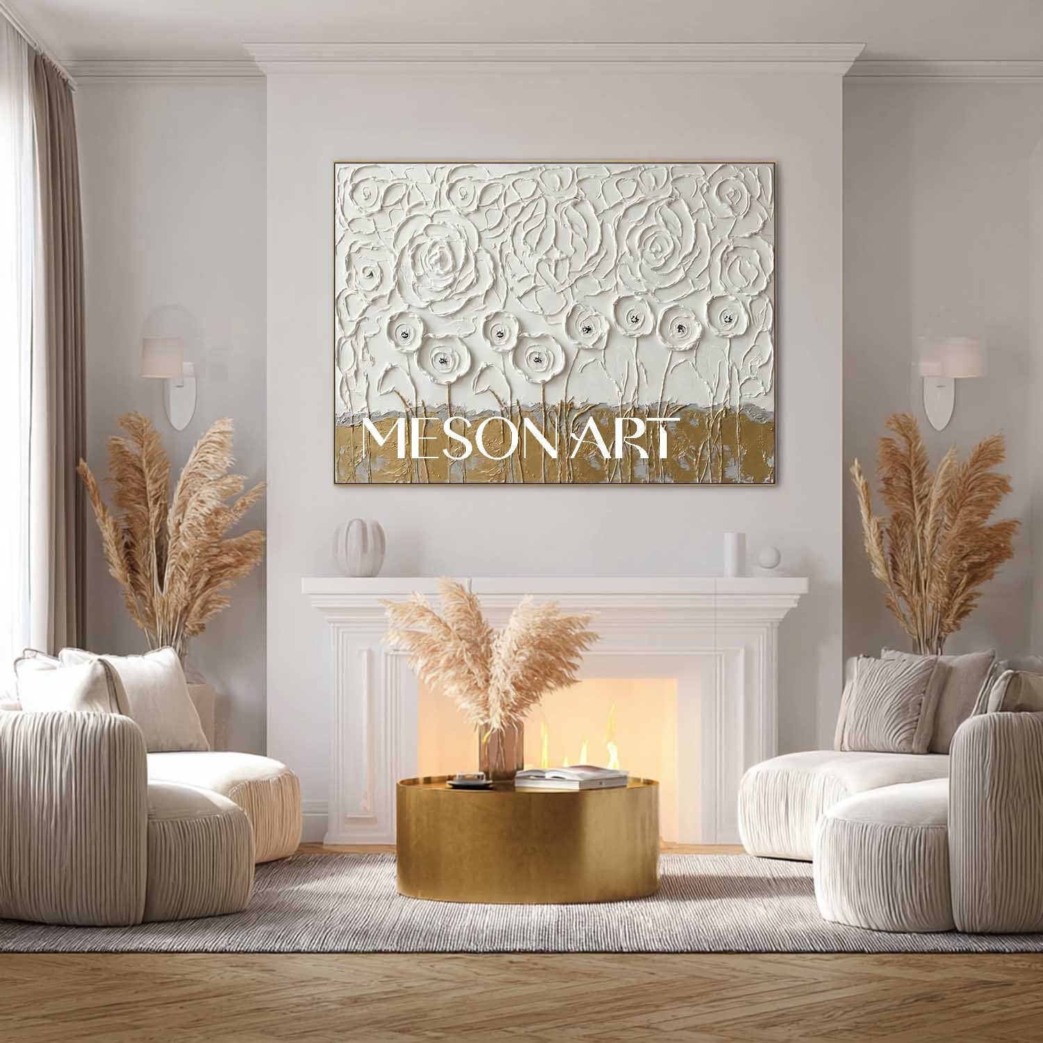 3D Gold and White Floral Textured Painting on Plaster Canvas Art