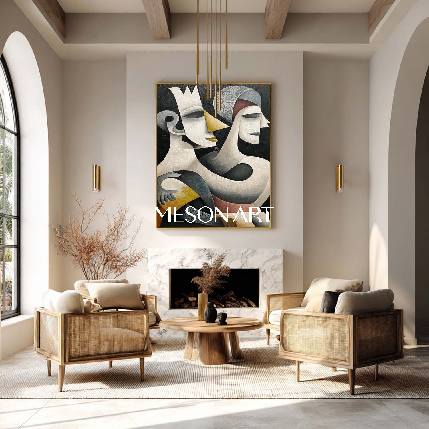 Oversized Black Abstract Art Vertical Canvas Cubist Hallway Wall Decor