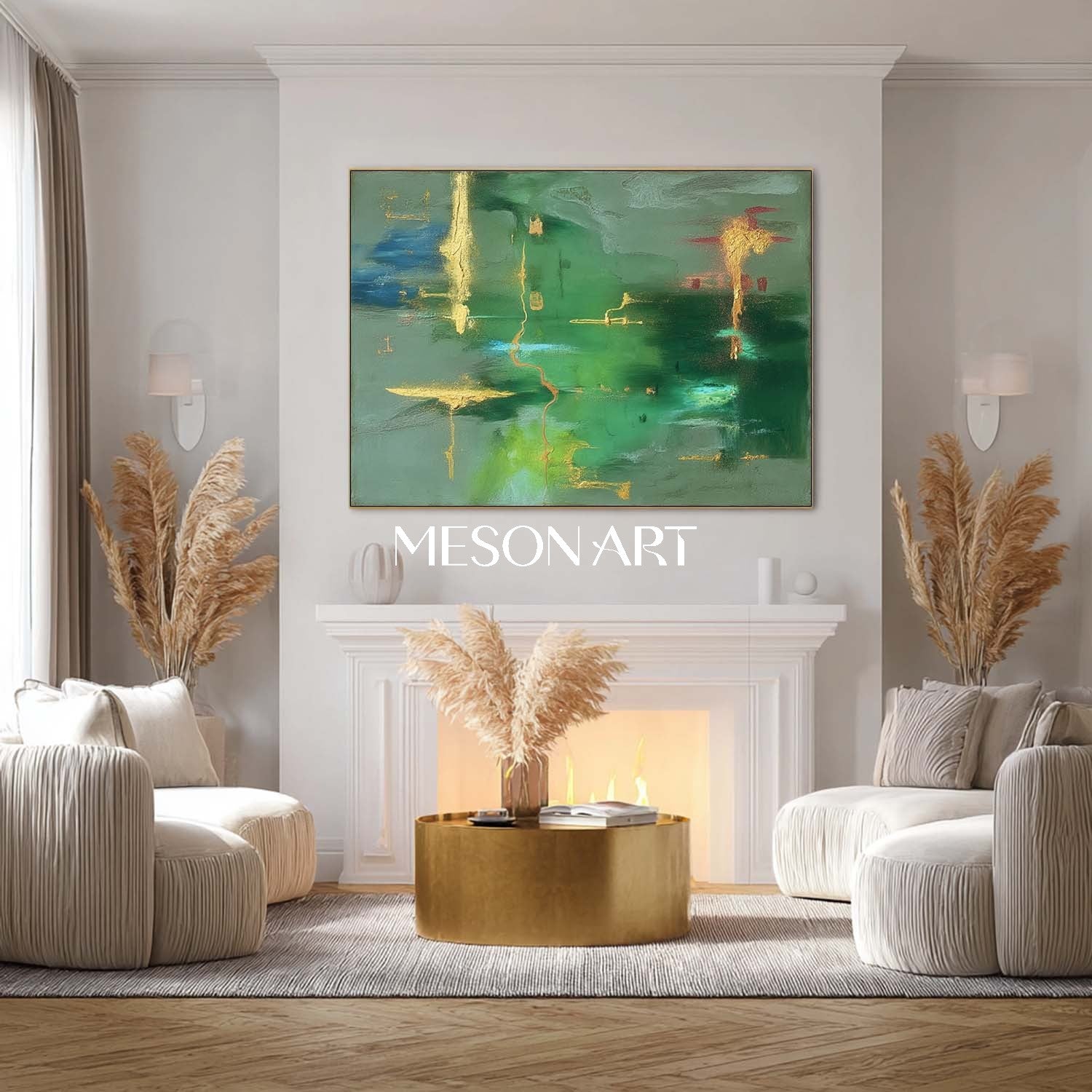 Emerald Green Abstract Canvas Art with Gold Texture Contemporary Style