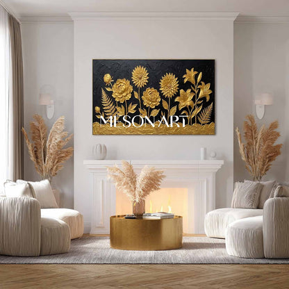 Black And Gold Panoramic 3D Peony Art | Sunflower & Lily Decor