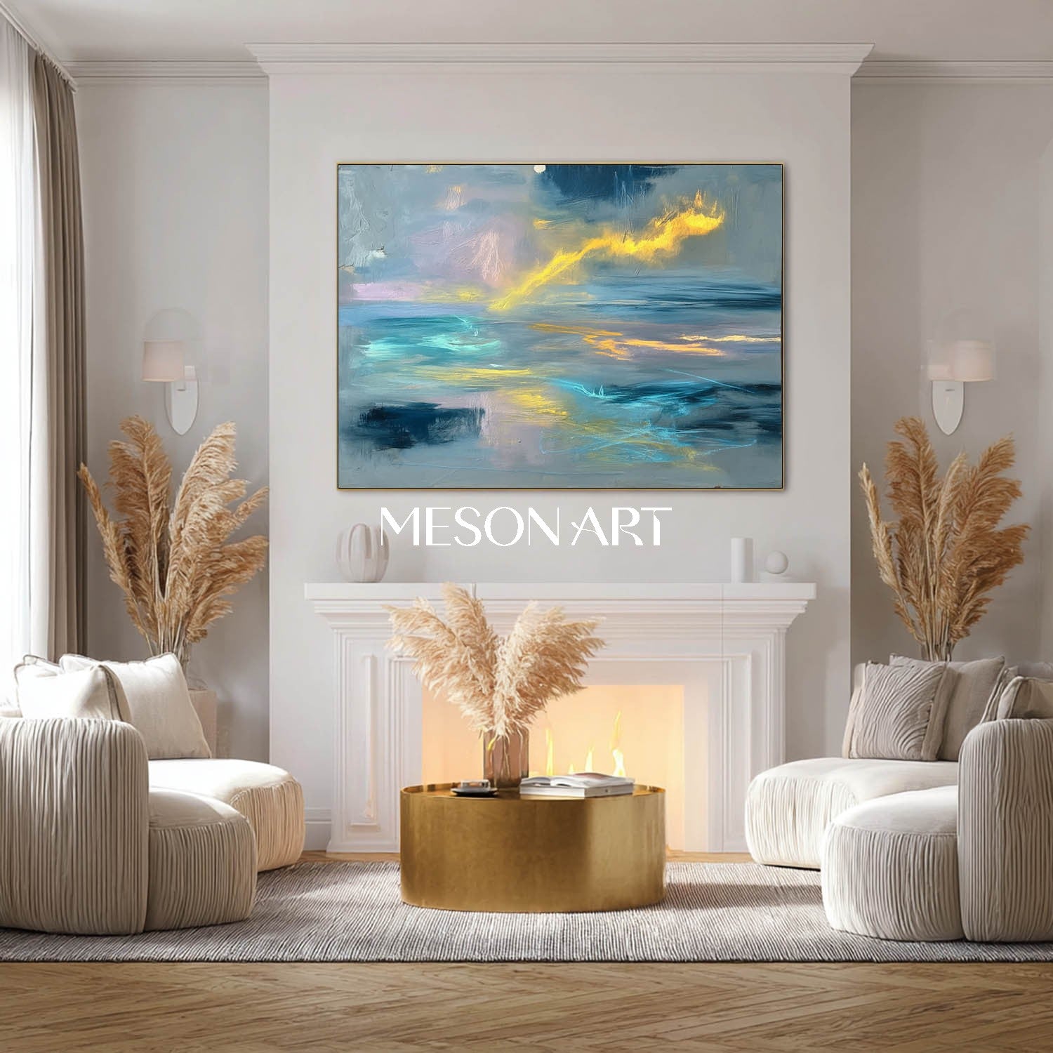 Gray Blue Abstract Oil Painting Large Coastal Style Wall Art Decor