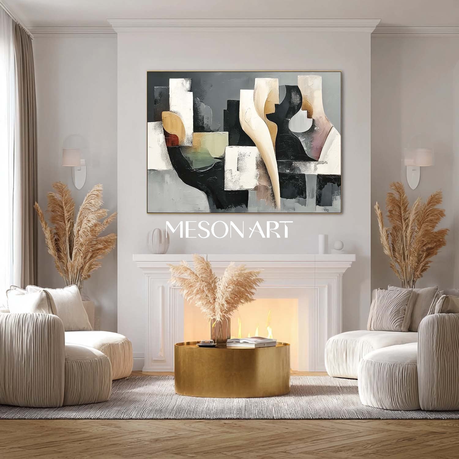 Buy Abstract Geometric Oil Painting Black White Cubist Modern Canvas