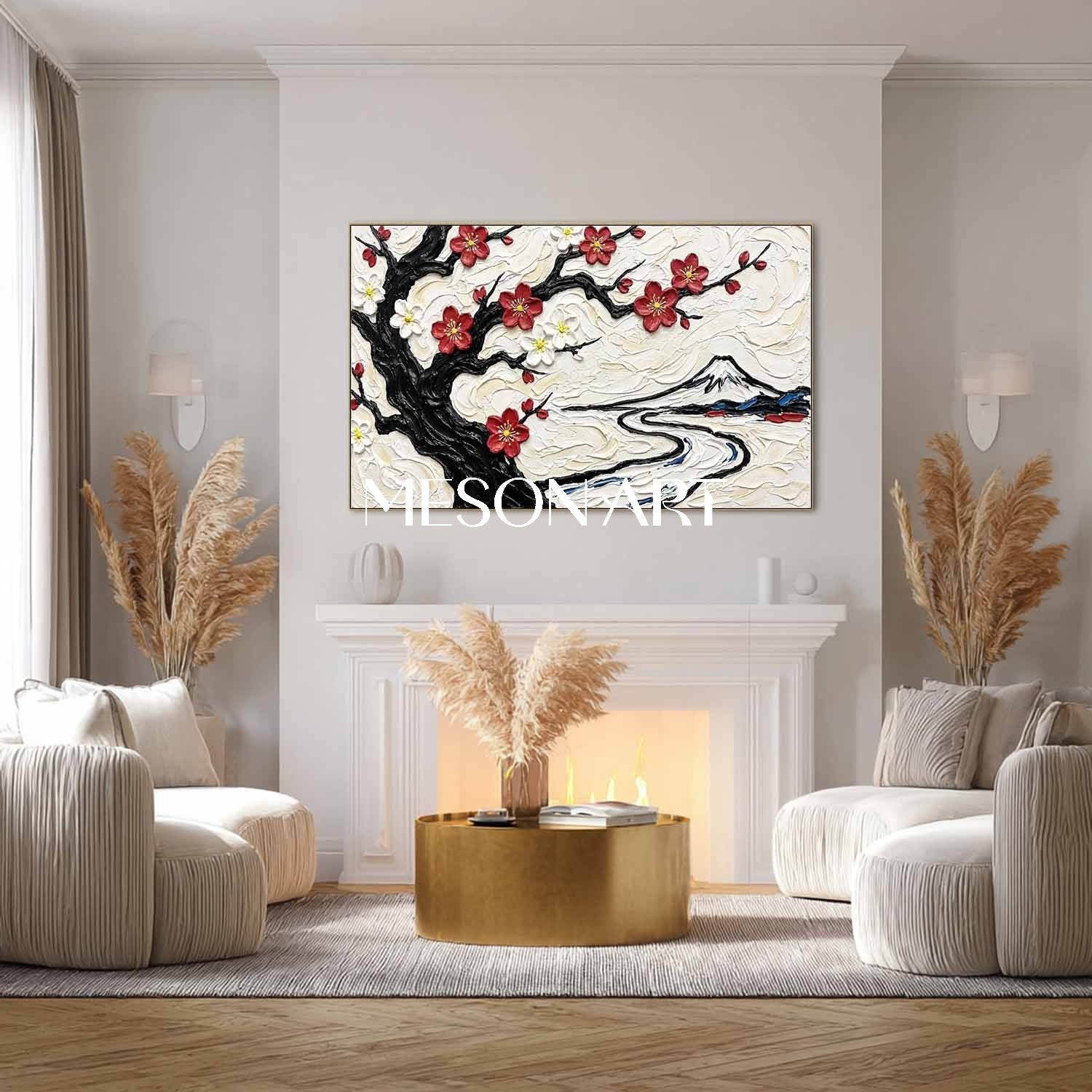 3D Textured Plum Blossom & Mount Fuji Oil Painting | Impasto Canvas Wall Art | MesonArt