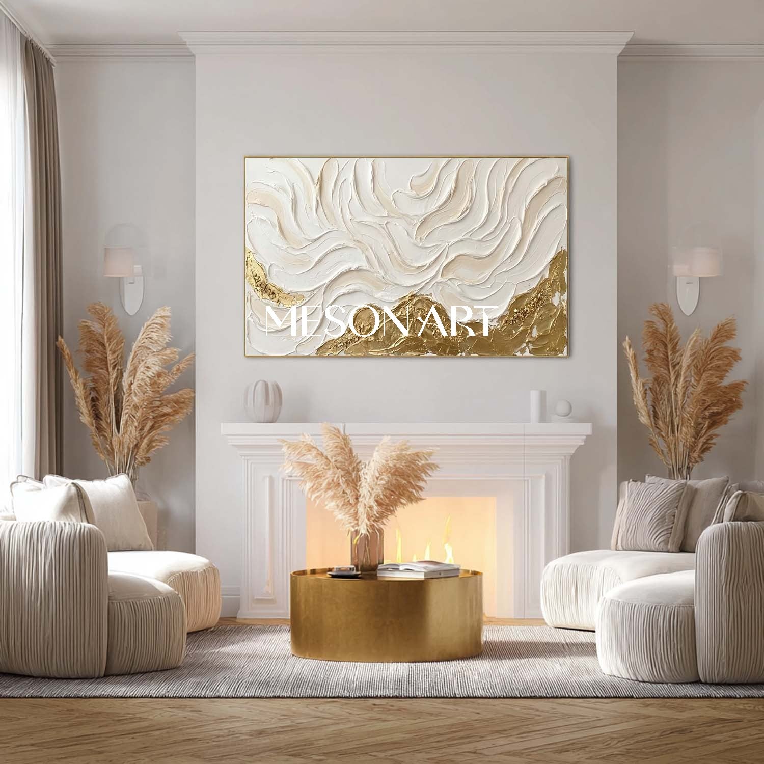 Panoramic 3D Textured Abstract Canvas Art | Gold Wave Wall Decor