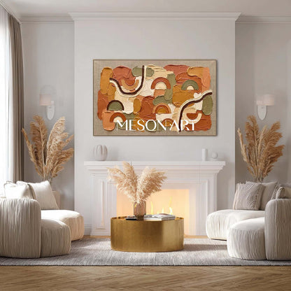 Bohemian Minimalist Oil Painting Abstract Textured Art With Arched Lines.