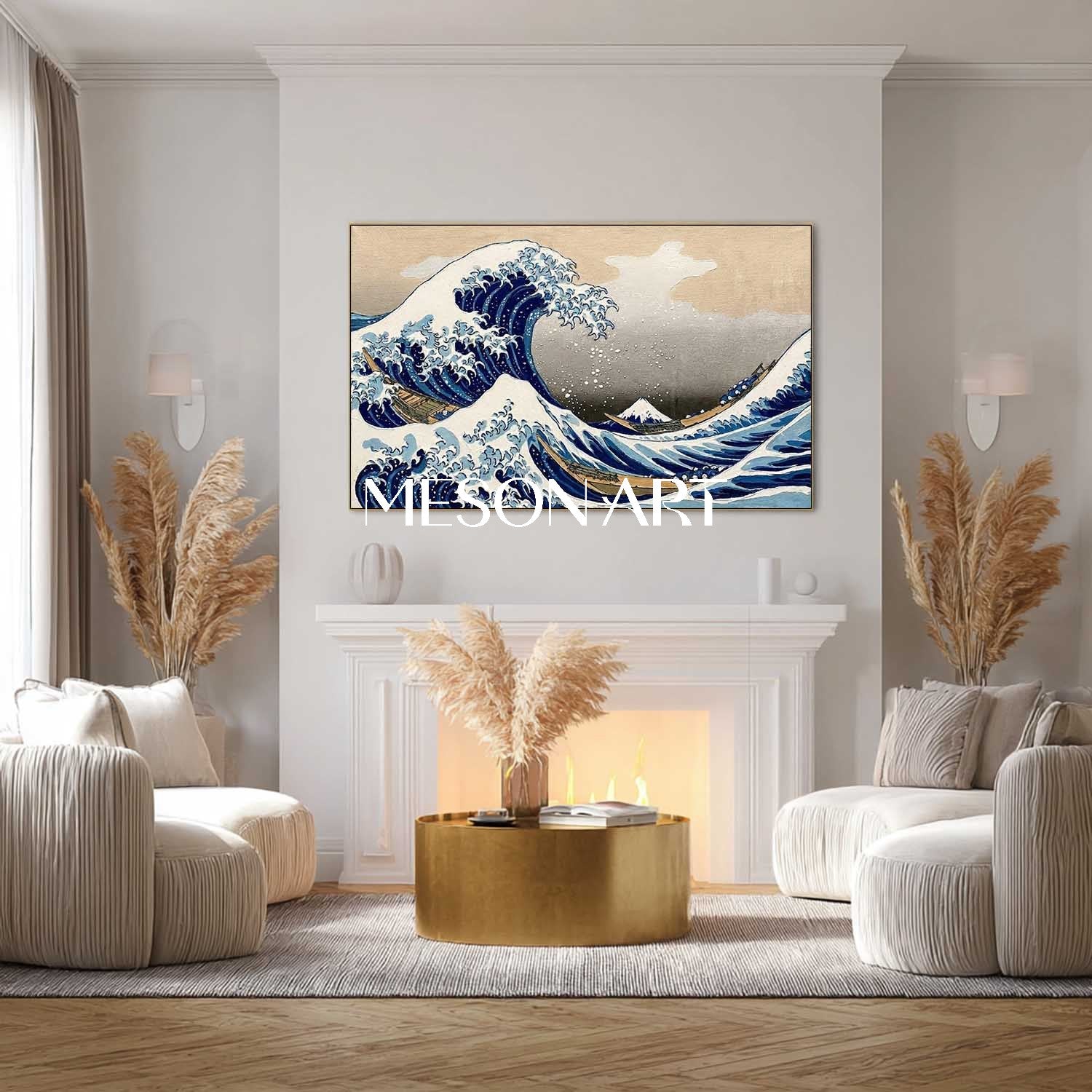 MesonArt 3D Textured Great Wave Oil Painting | Hokusai Reproduction Canvas Wall Art | Gold Framed Japandi Decor