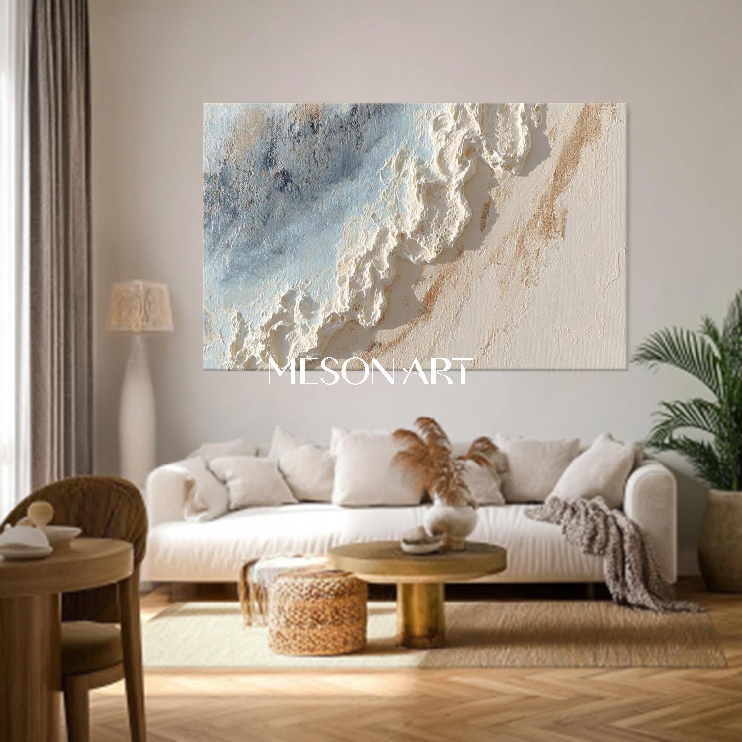 Large 3D Wave Texture Painting on Canvas White Plaster Wall Art