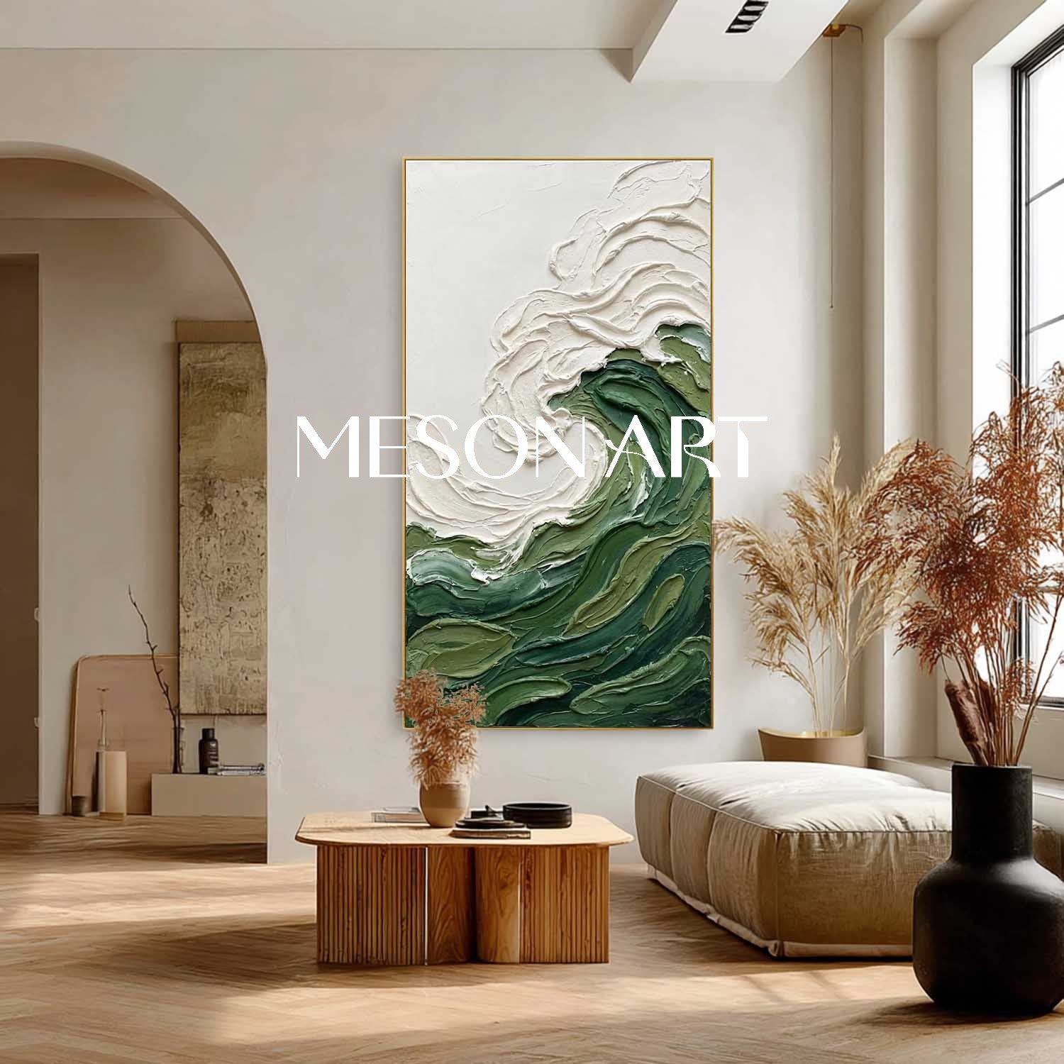 Large Abstract  Green Beach Textured Painting Green Wave Wall Art For Living Room 