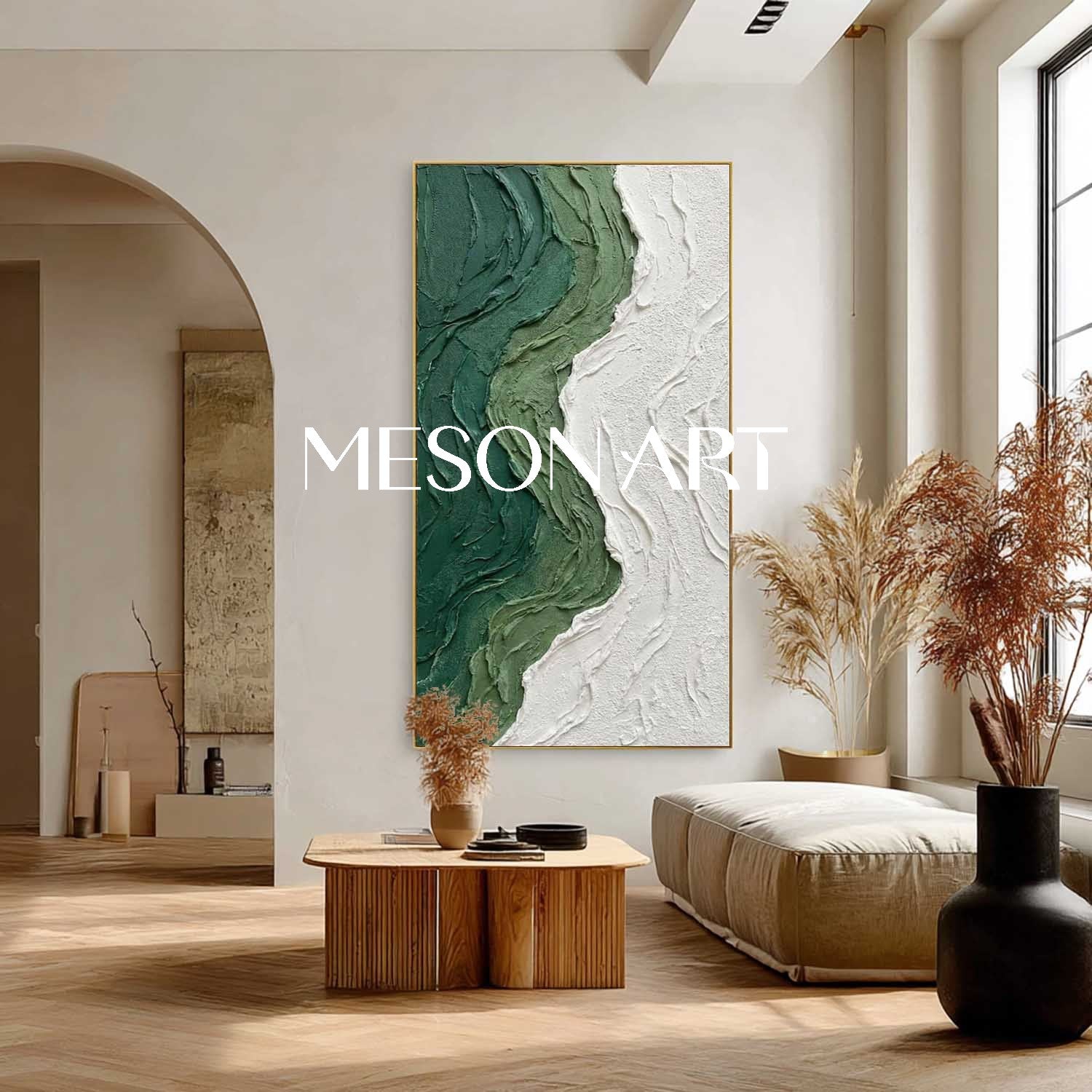 Dark Green Wall Art Heavy Texture Painting Minimalist Green Interior Decor