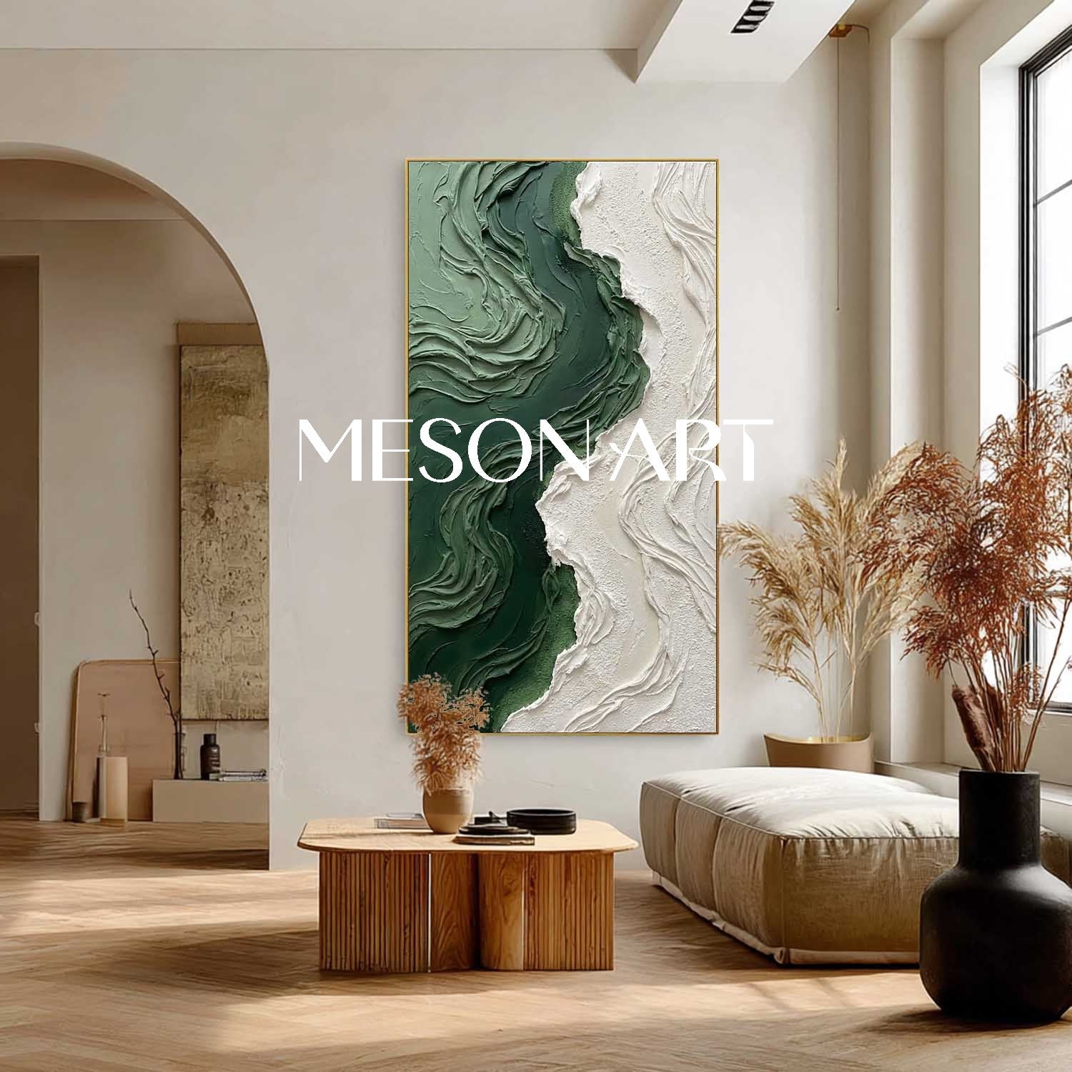 Large Green Wave Wall Art For Living Room Abstract Textured Painting Of A Green Beach